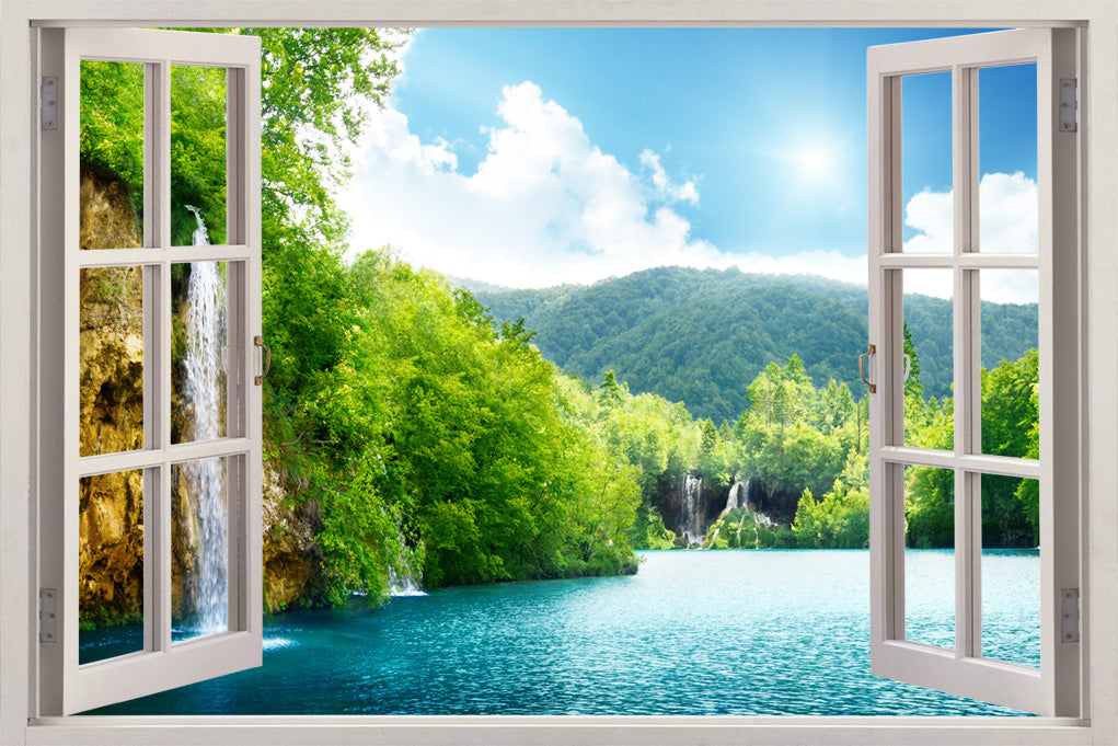 Autocollant mural de fenêtre 3D de scène de lac de forêt