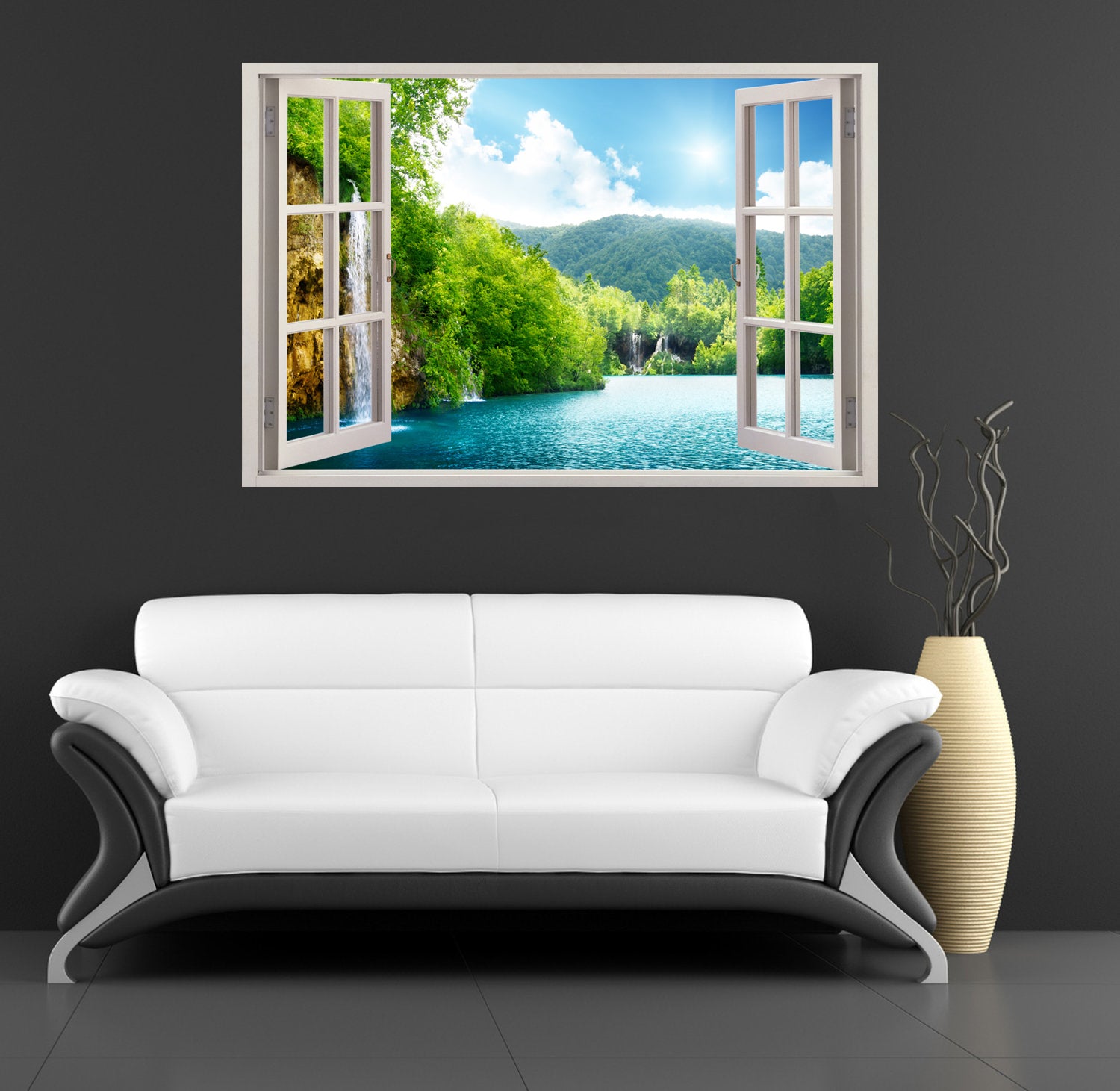 Autocollant mural de fenêtre 3D de scène de lac de forêt