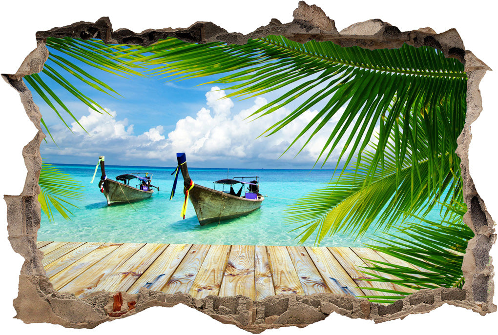 Exotic Beach Boats 3D Smashed Broken Decal Wall Sticker