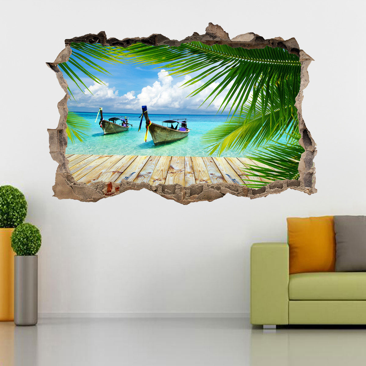 Exotic Beach Boats 3D Smashed Broken Decal Wall Sticker