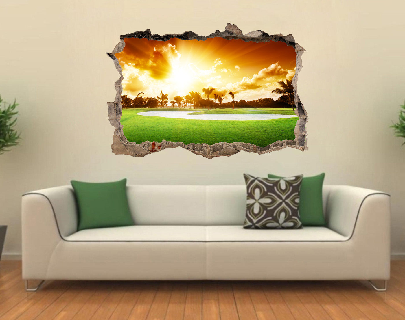 Golf Course Sunset 3D Smashed Broken Decal Wall Sticker