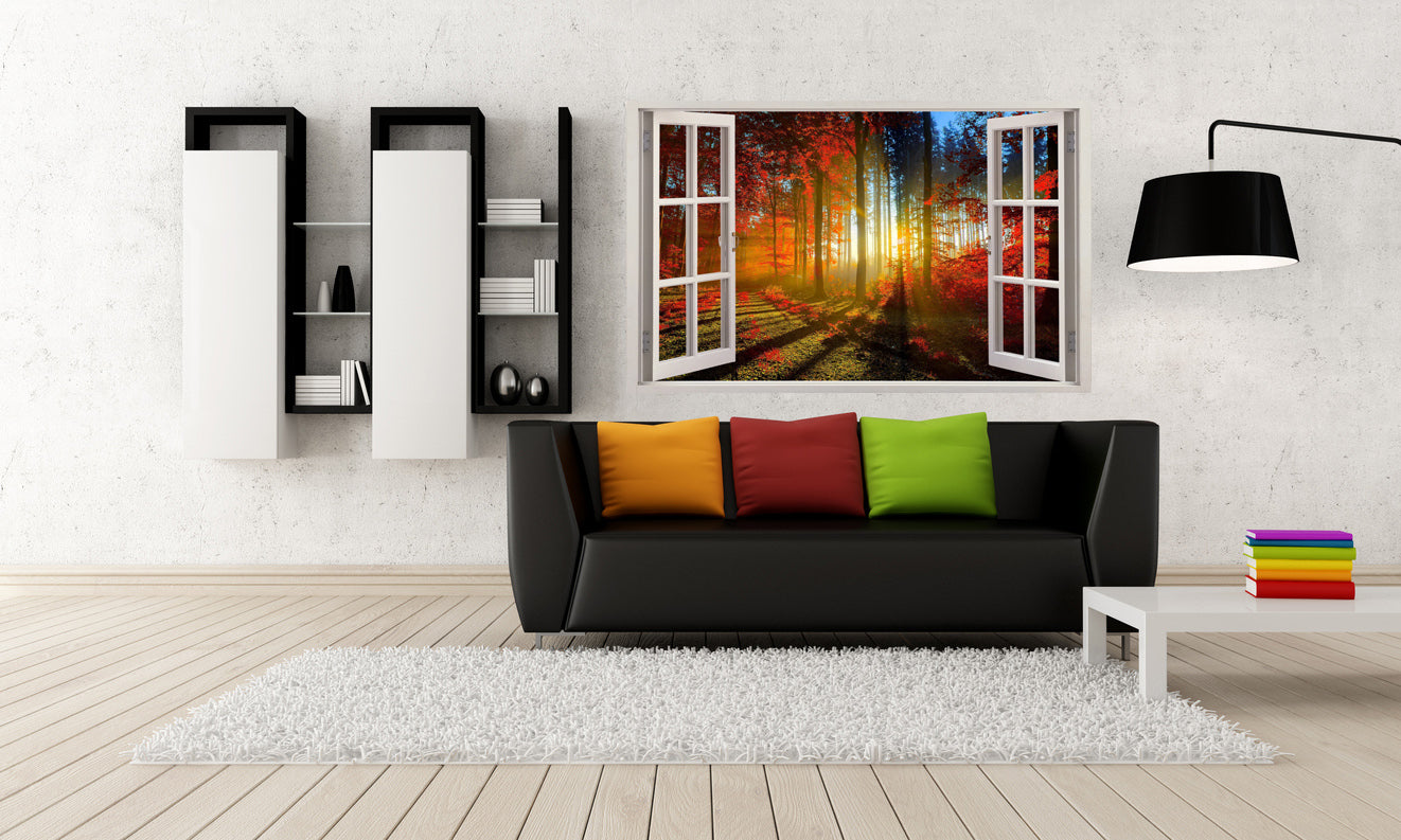 Autocollant mural fantaisie forêt rouge 3D fenêtre H90