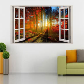 Autocollant mural fantaisie forêt rouge 3D fenêtre H90