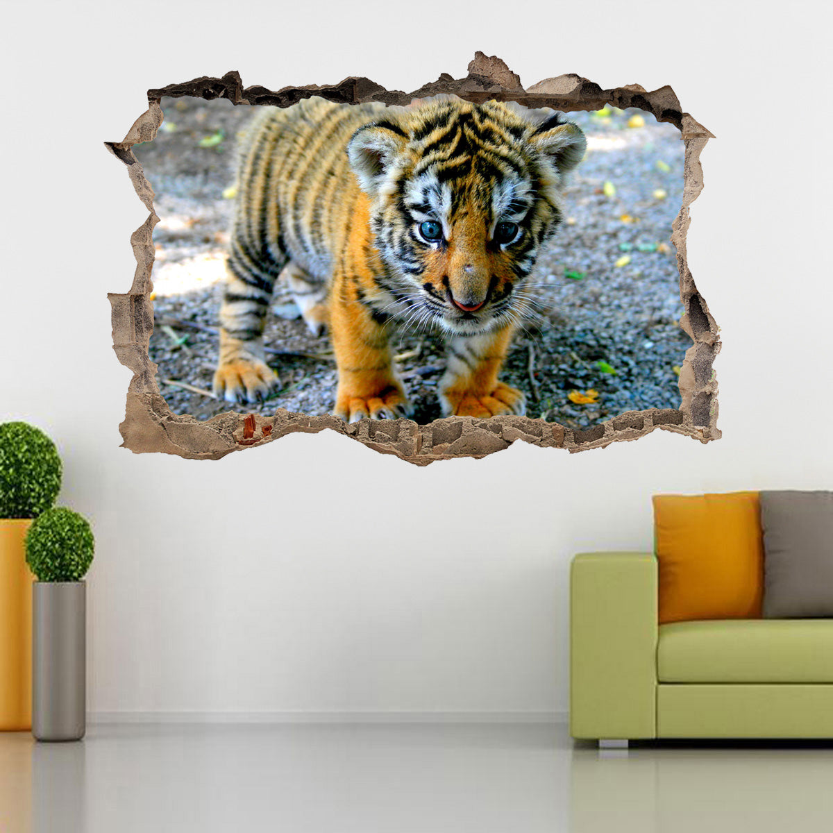 Cute Baby Tiger 3D Smashed Broken Decal Wall Sticker
