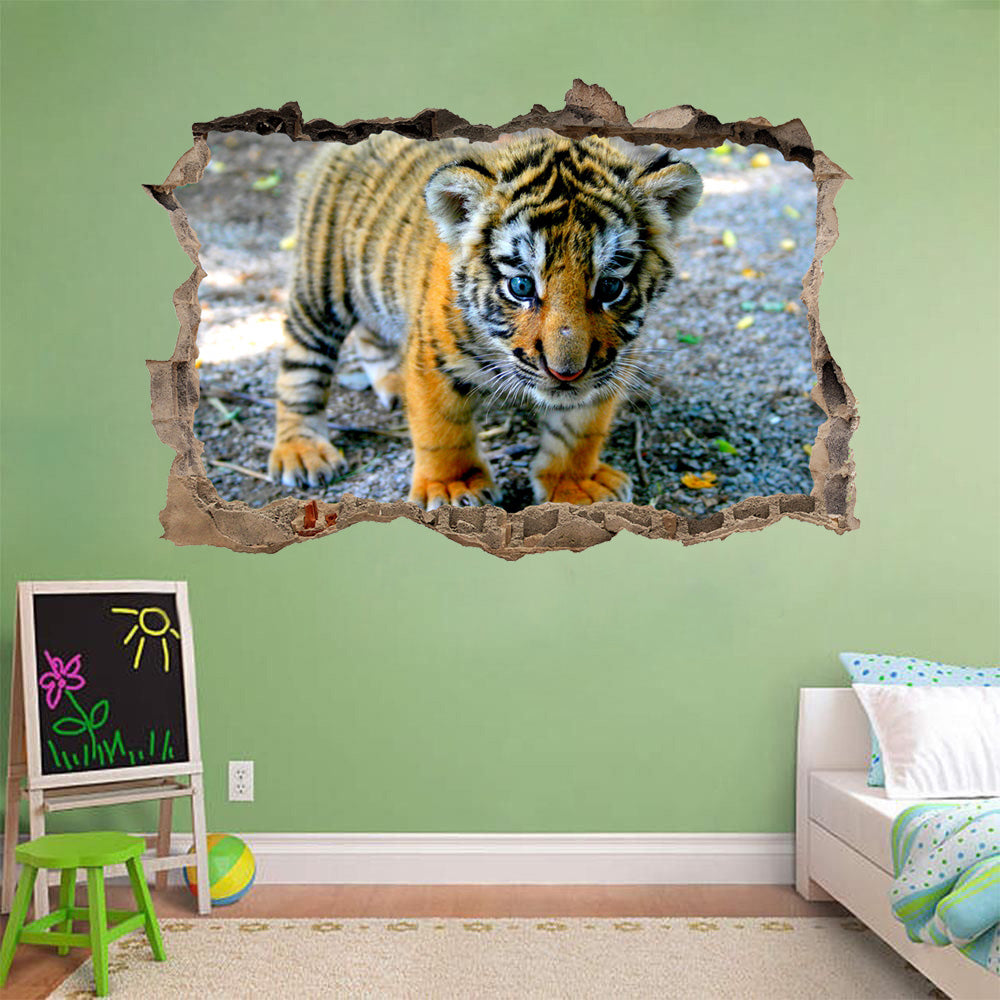 Cute Baby Tiger 3D Smashed Broken Decal Wall Sticker