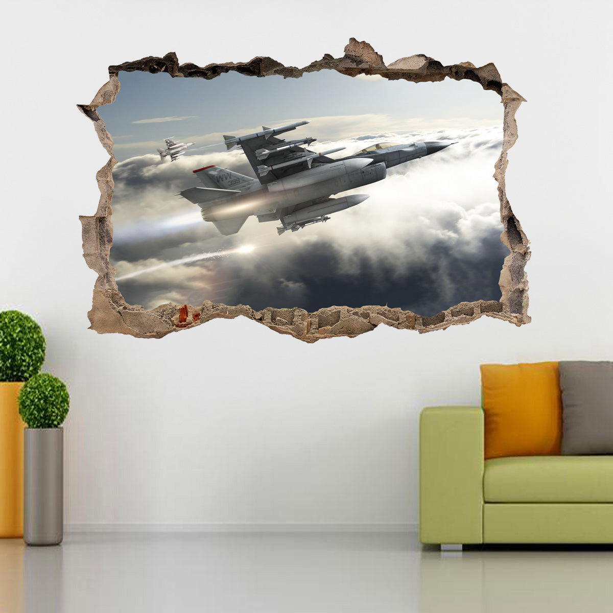 F-16 Fighting Falcon Fighter Aircraft 3D Smashed Broken Decal Wall Sticker