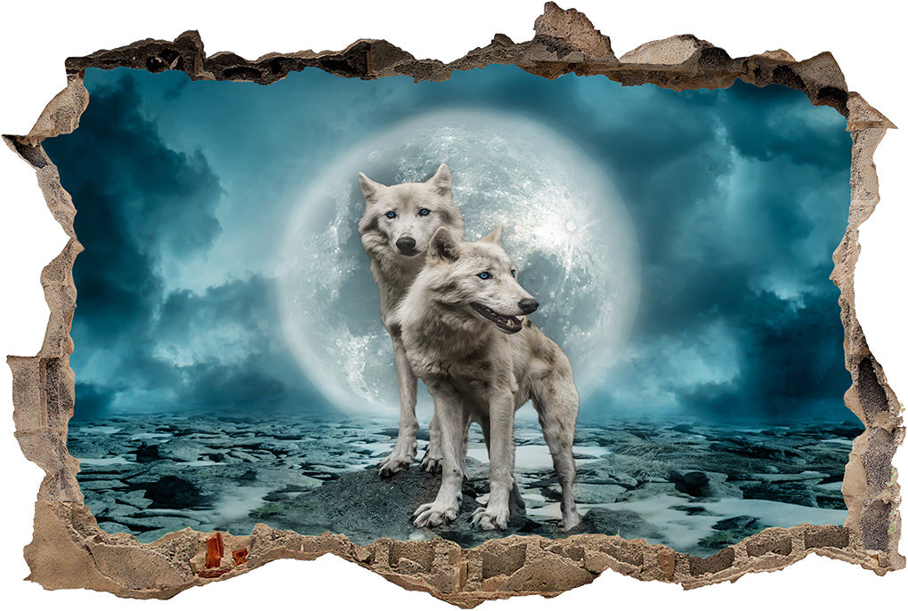 White Wolves Full Moon 3D Smashed Broken Decal Wall Sticker J1165