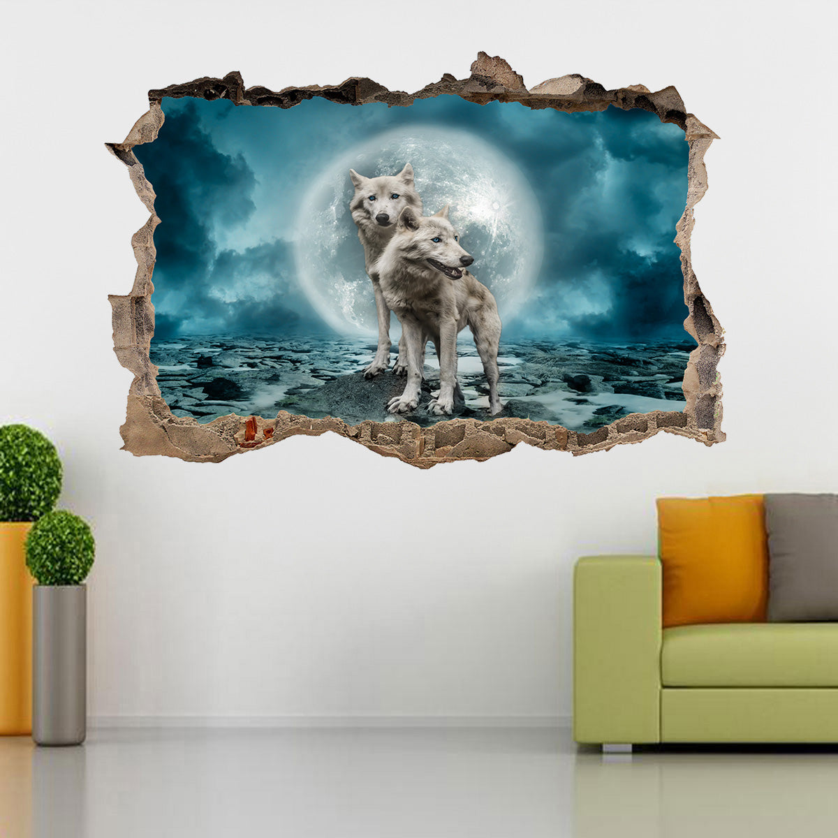 White Wolves Full Moon 3D Smashed Broken Decal Wall Sticker J1165