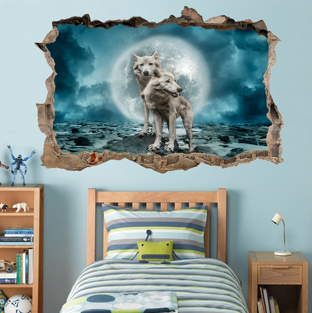 White Wolves Full Moon 3D Smashed Broken Decal Wall Sticker J1165