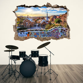Barcelona Skyline Cityscape 3D Smashed Broken Decal Wall Sticker J1240