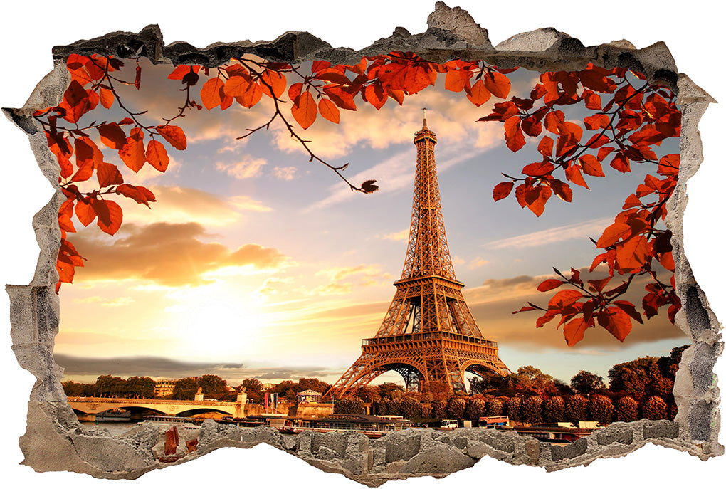 Paris Autumn Eiffel Tower 3D Smashed Broken Decal Wall Sticker J1241
