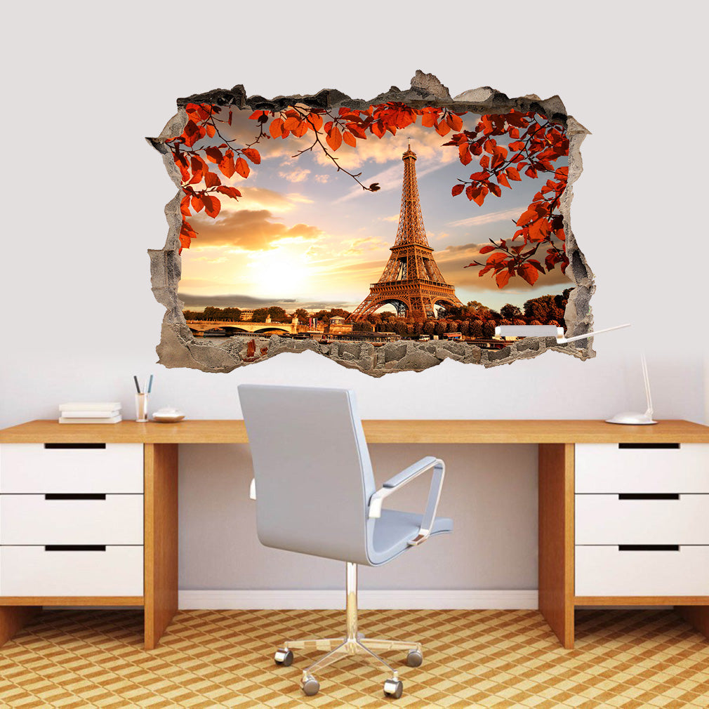 Paris Autumn Eiffel Tower 3D Smashed Broken Decal Wall Sticker J1241