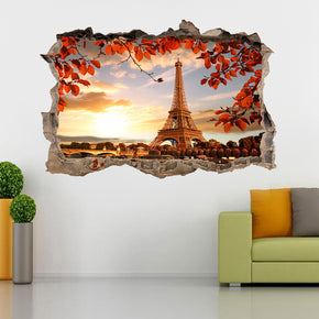 Paris Autumn Eiffel Tower 3D Smashed Broken Decal Wall Sticker J1241