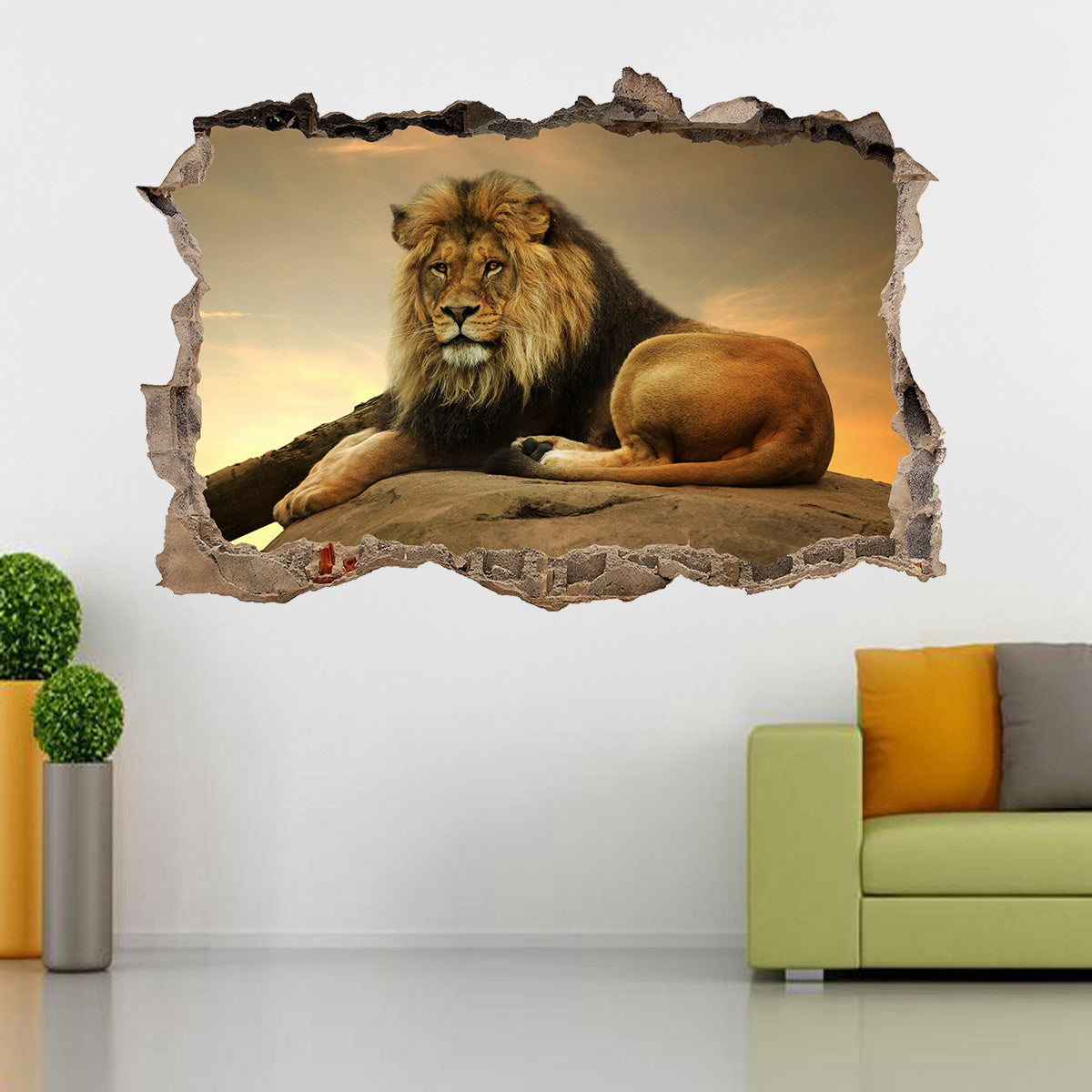 Lion Safari Animals 3D Smashed Broken Decal Wall Sticker J1273
