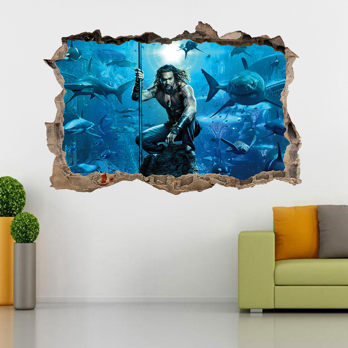 AQUAMAN 3D Smashed Broken Decal Wall Sticker J1341