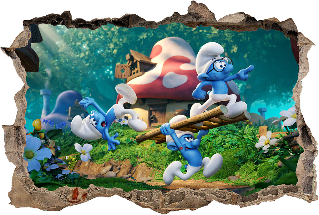 Smurfs 3D Smashed Bricks Broken Wall Illusion Decal Wall Sticker J135