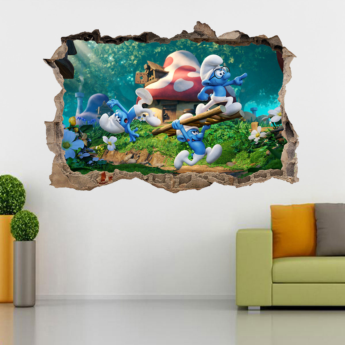 Smurfs 3D Smashed Bricks Broken Wall Illusion Decal Wall Sticker J135