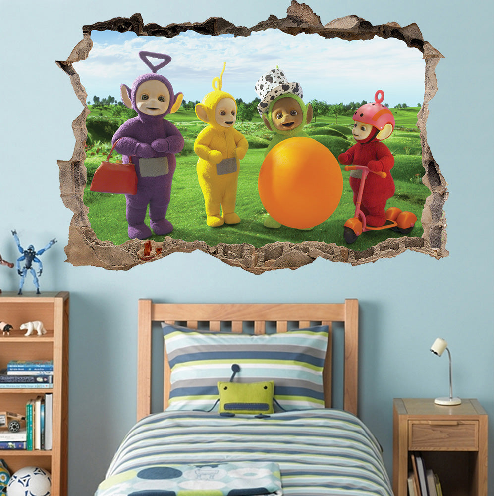 Teletubbies 3D Smashed Bricks Broken Wall Illusion Decal Wall Sticker J137