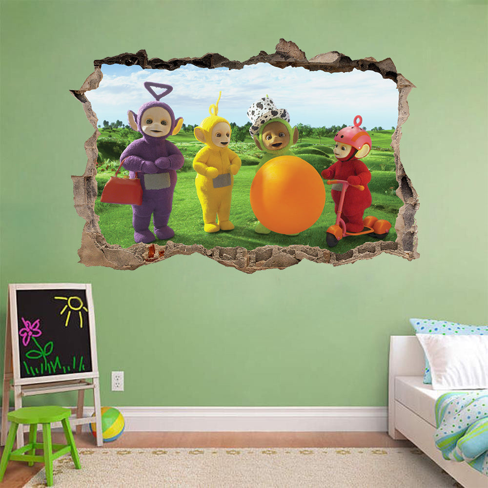 Teletubbies 3D Smashed Bricks Broken Wall Illusion Decal Wall Sticker J137