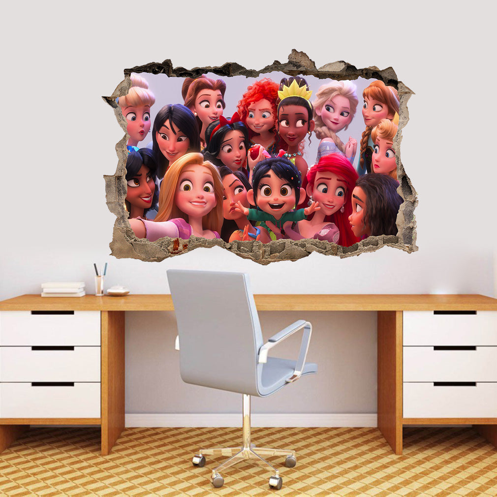 Disney Princess Characters 3D Smashed Broken Decal Wall Sticker J1460
