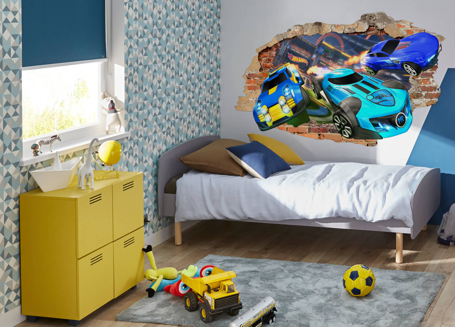 Hot Wheels Race Cars 3D Smashed Hole Illusion Decal Wall Sticker J1504