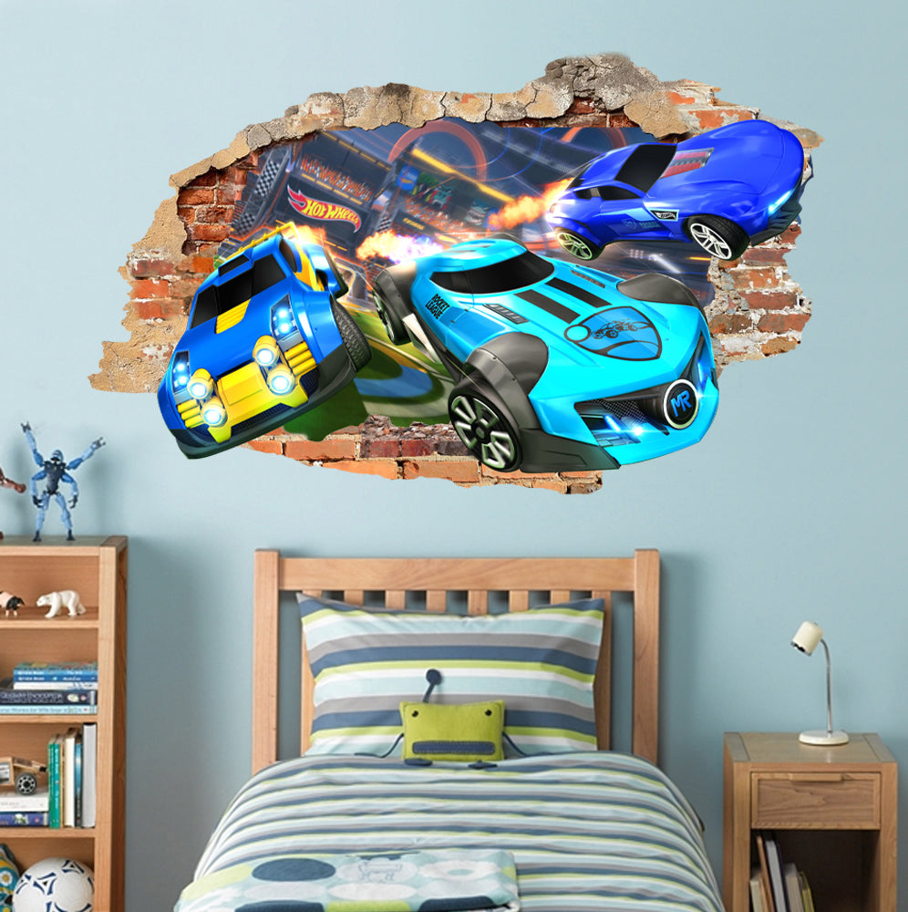 Hot Wheels Race Cars 3D Smashed Hole Illusion Decal Wall Sticker J1504