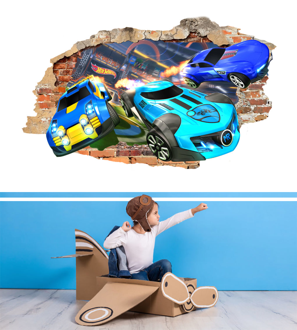 Hot Wheels Race Cars 3D Smashed Hole Illusion Decal Wall Sticker J1504