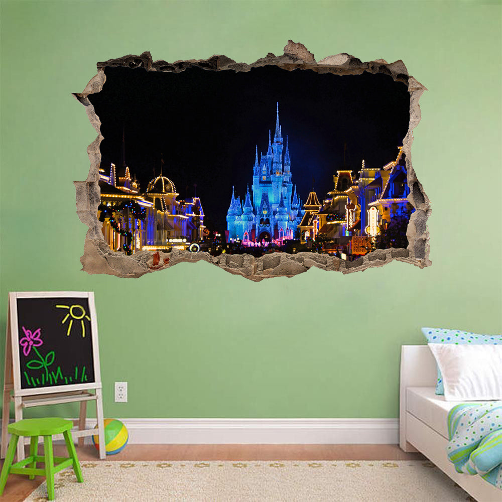 Disney Castle At Night 3D Smashed Broken Decal Wall Sticker J185