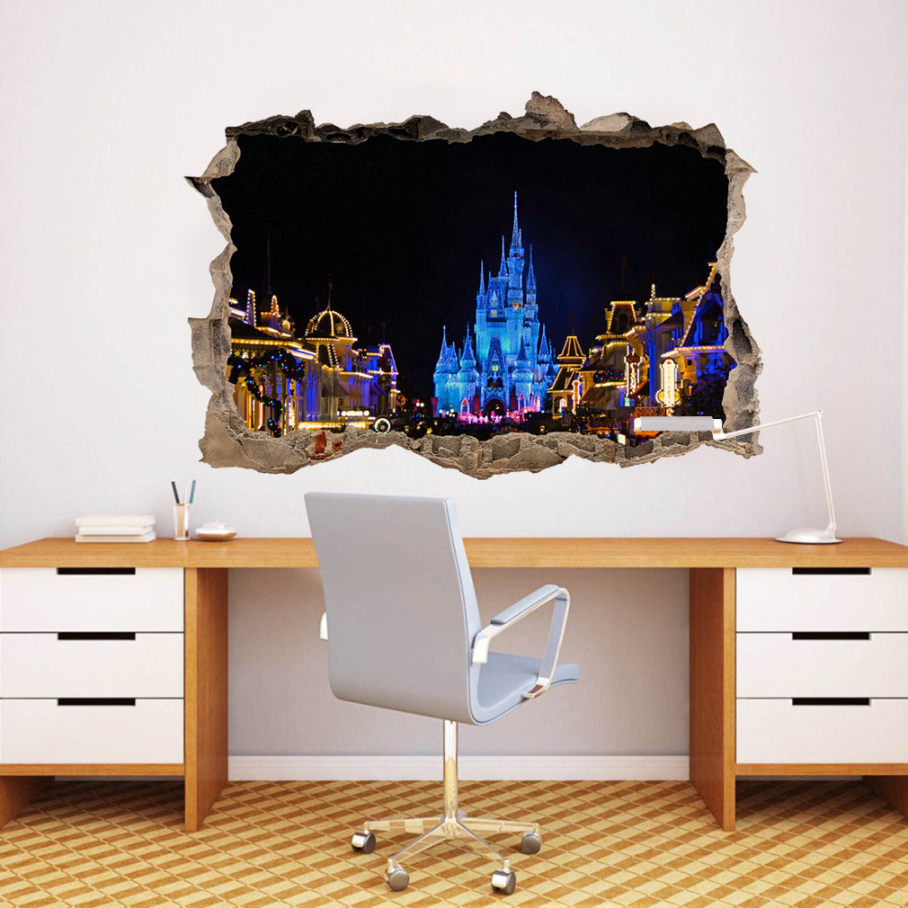 Disney Castle At Night 3D Smashed Broken Decal Wall Sticker J185