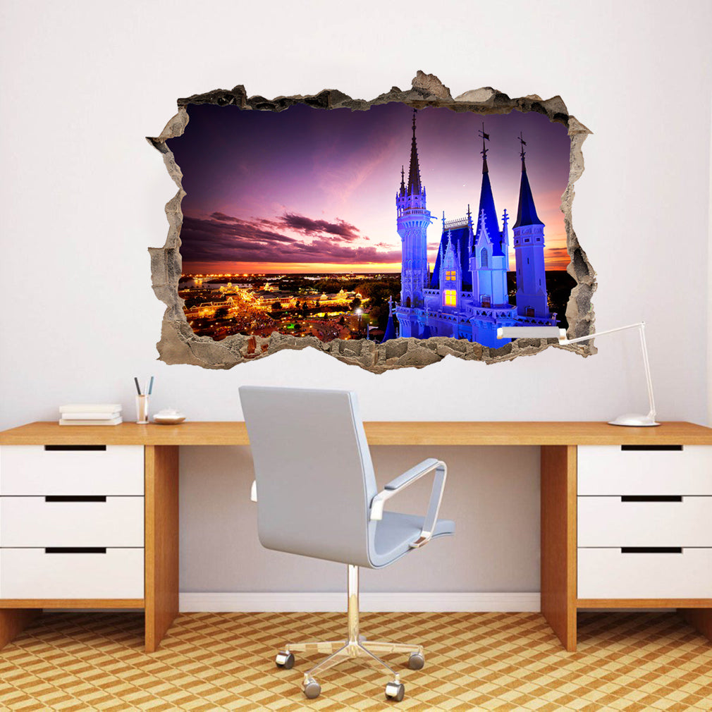 Disney Castle Sunset 3D Smashed Broken Decal Wall Sticker J186