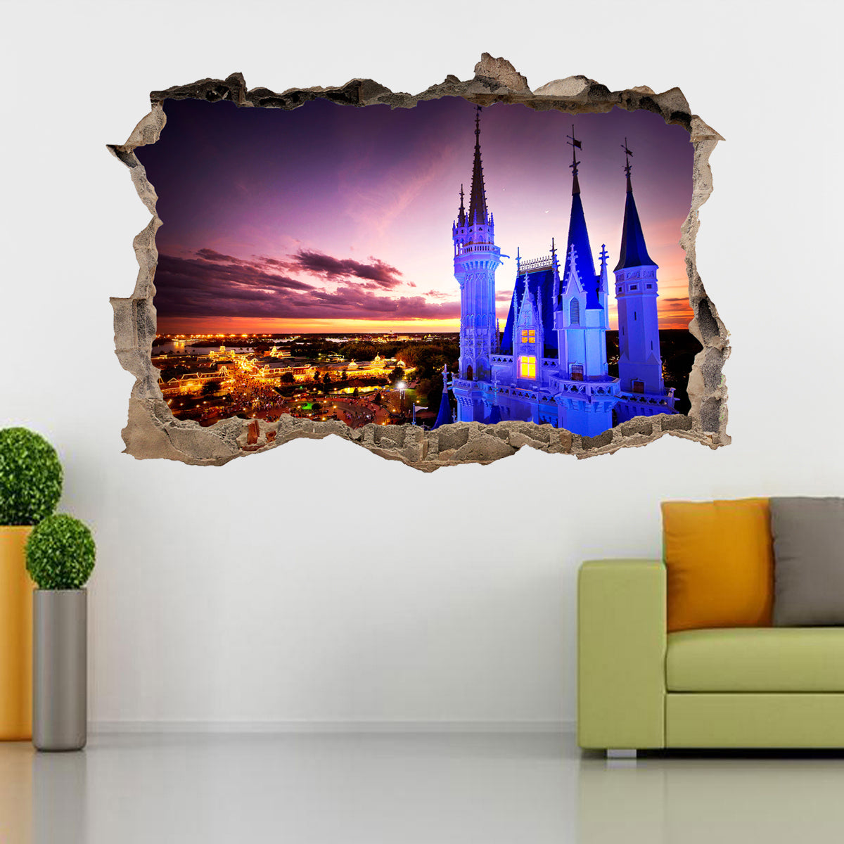 Disney Castle Sunset 3D Smashed Broken Decal Wall Sticker J186