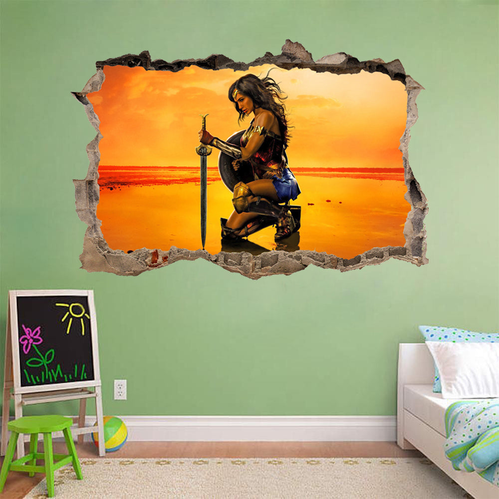 Wonder Woman Superhero 3D Smashed Wall Illusion Decal Wall Sticker J193