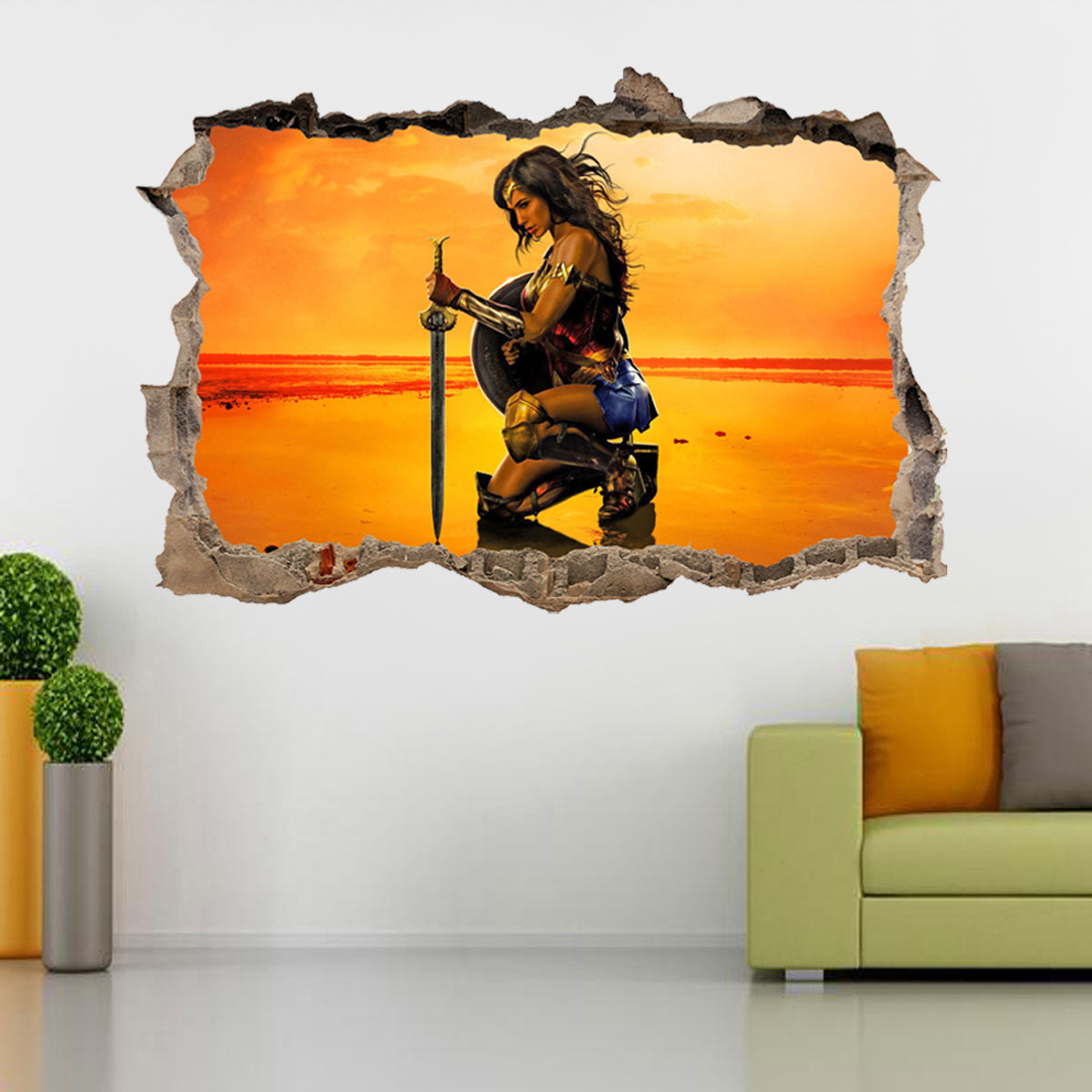 Wonder Woman Superhero 3D Smashed Wall Illusion Decal Wall Sticker J193