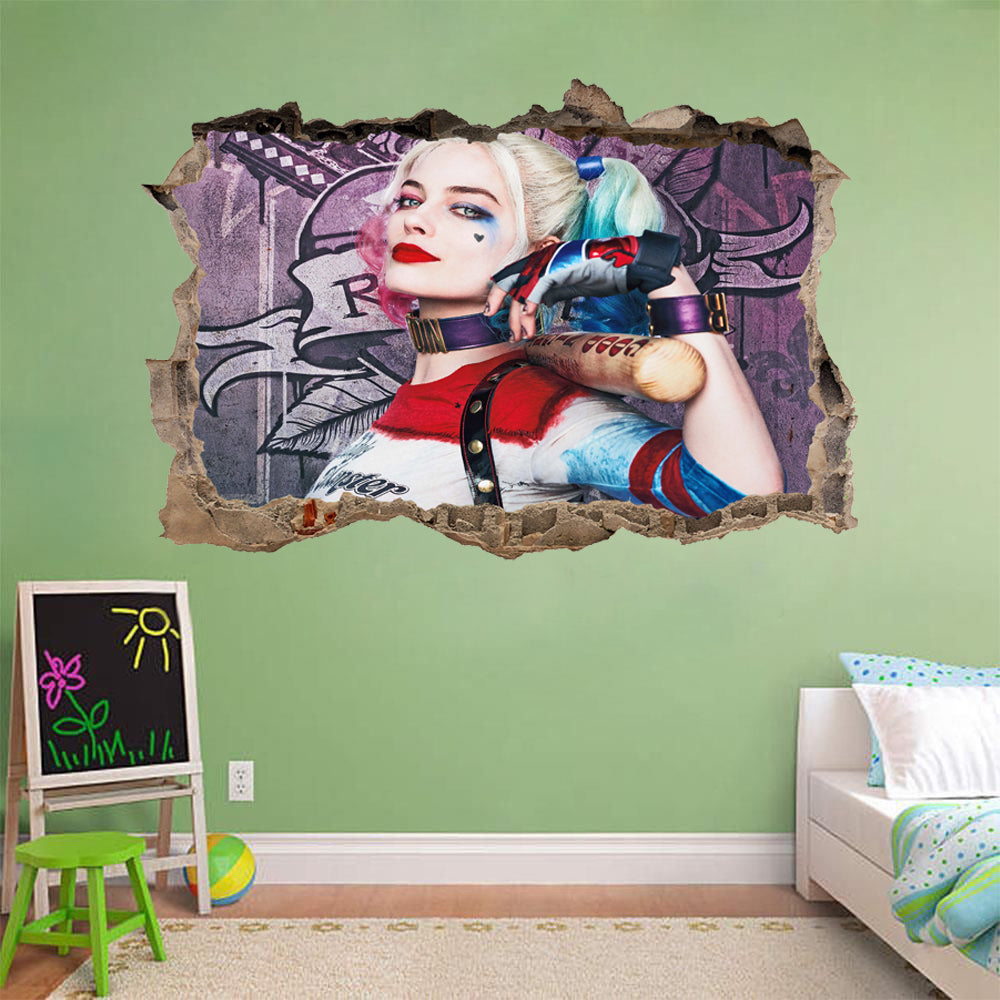 Harley Quinn 3D Smashed Wall Illusion Decal Wall Sticker J196