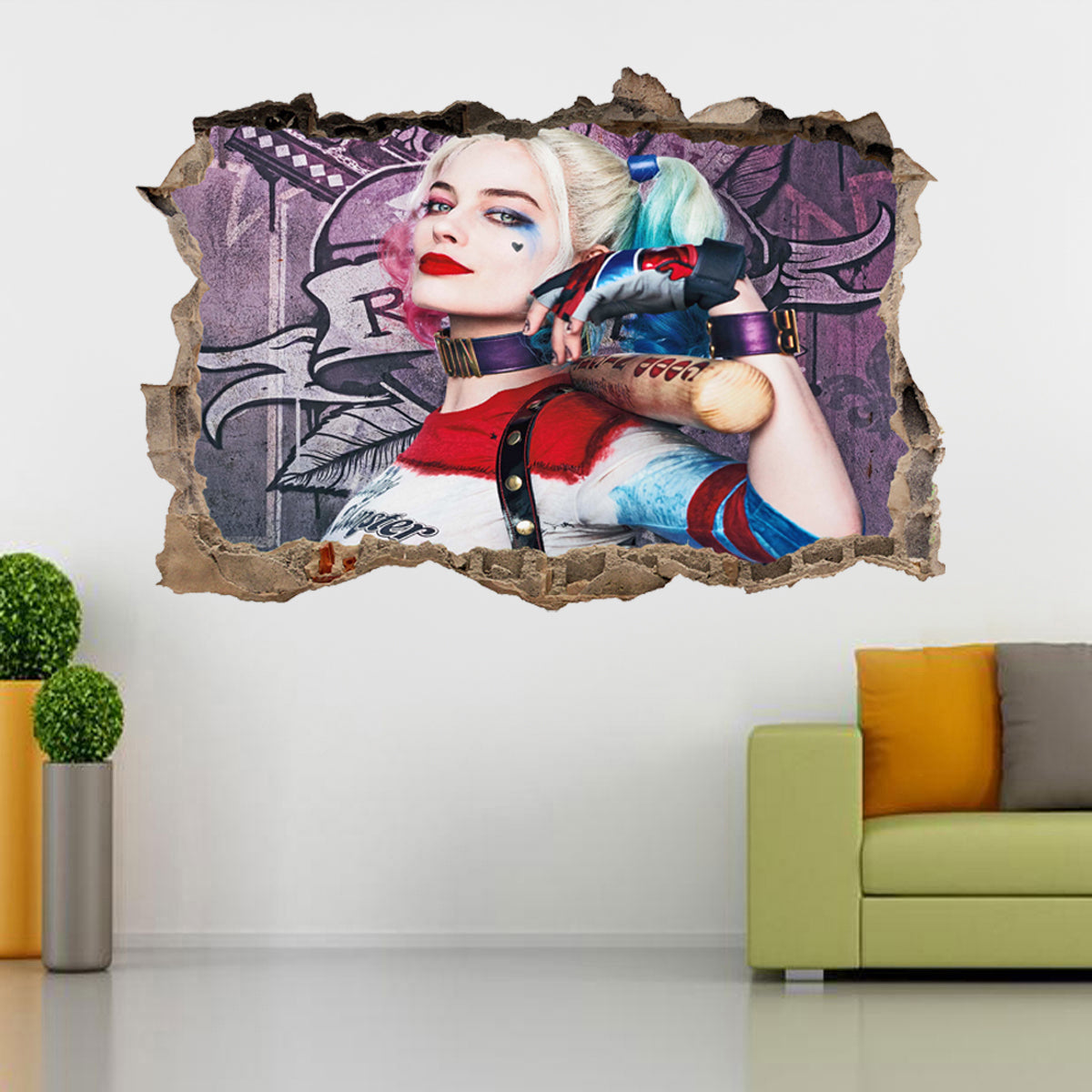 Harley Quinn 3D Smashed Wall Illusion Decal Wall Sticker J196