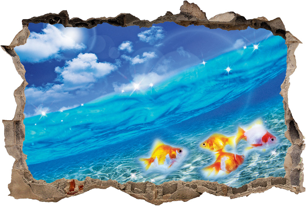 Gold Fish Sea 3D Smashed Broken Decal Wall Sticker J222