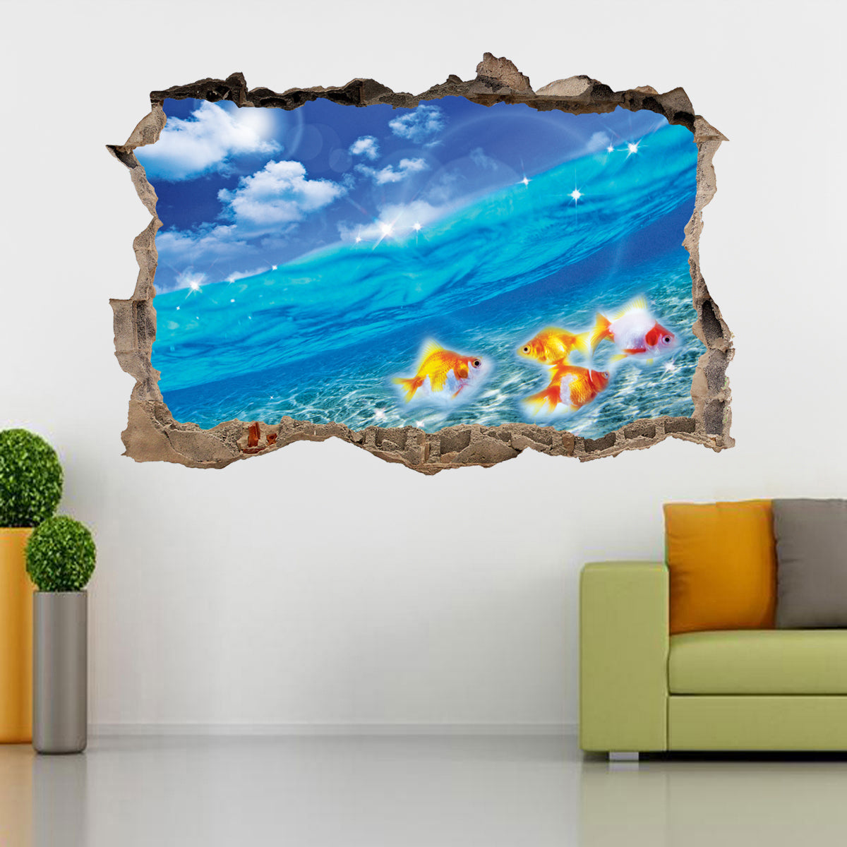 Gold Fish Sea 3D Smashed Broken Decal Wall Sticker J222