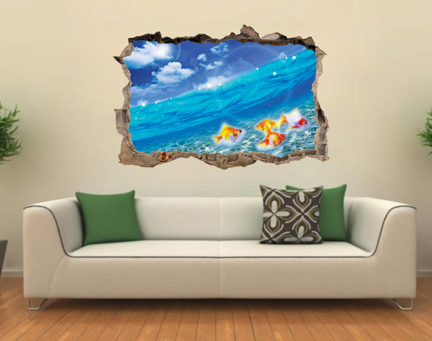 Gold Fish Sea 3D Smashed Broken Decal Wall Sticker J222