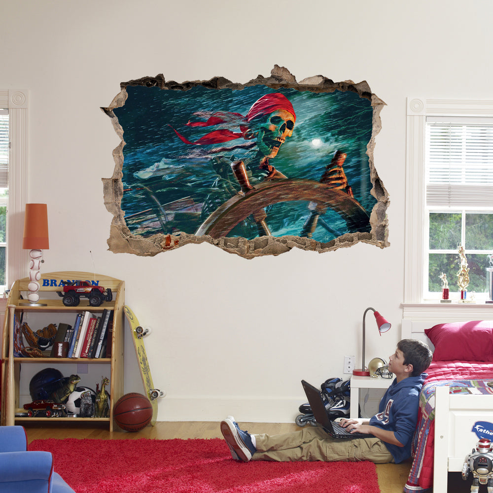 Skeleton Pirate Ship 3D Smashed Broken Wall Illusion Decal Wall Sticker J234