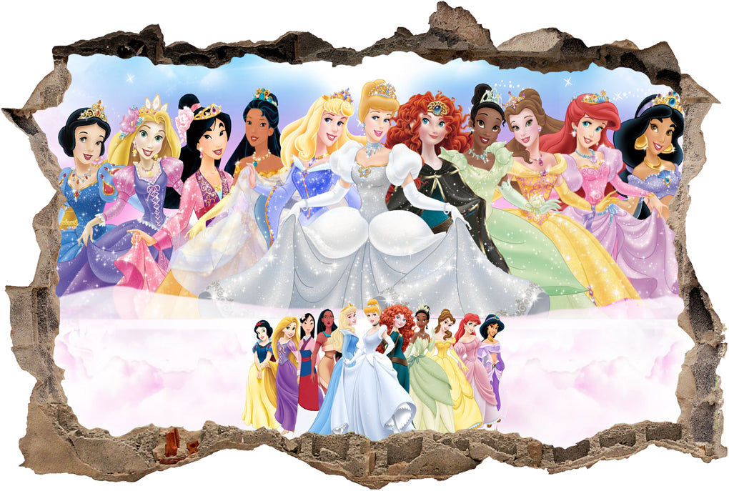 Disney Princesses 3D Smashed Wall Illusion Decal Wall Sticker J288