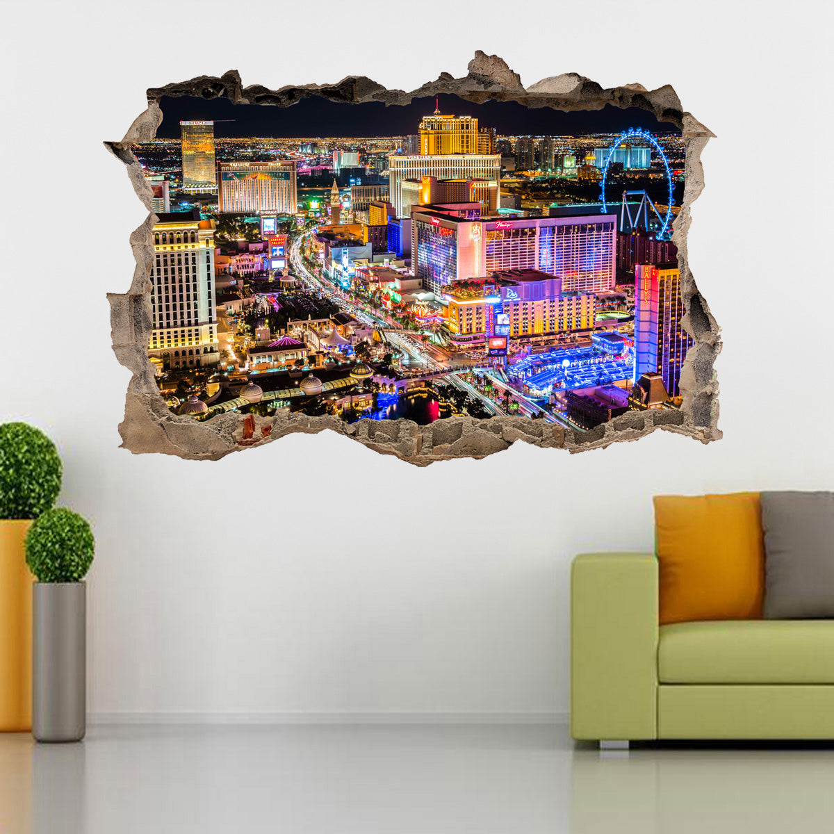 Las Vegas Strip City Landscape 3D Smashed Broken Decal Wall Sticker J340