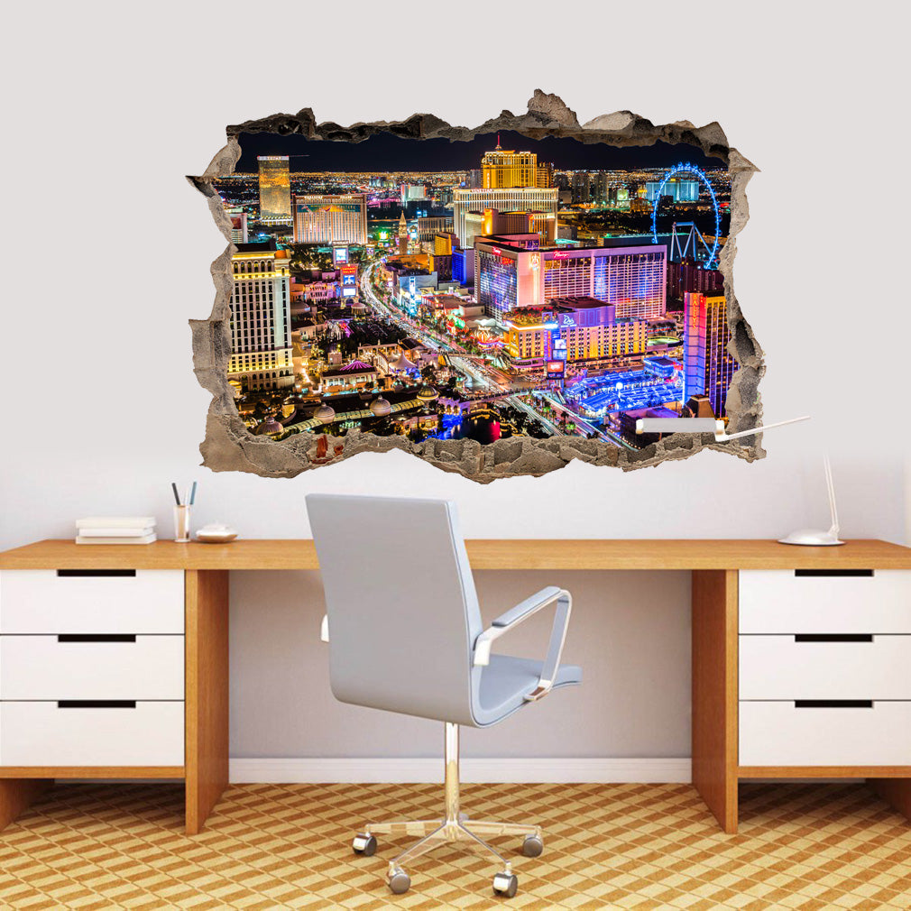 Las Vegas Strip City Landscape 3D Smashed Broken Decal Wall Sticker J340
