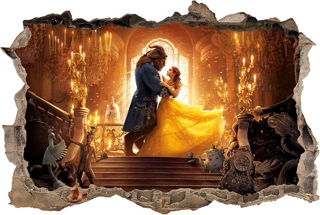 Beauty And The Beast Disney 3D Smashed Bricks Broken Wall Illusion Decal Wall Sticker J34