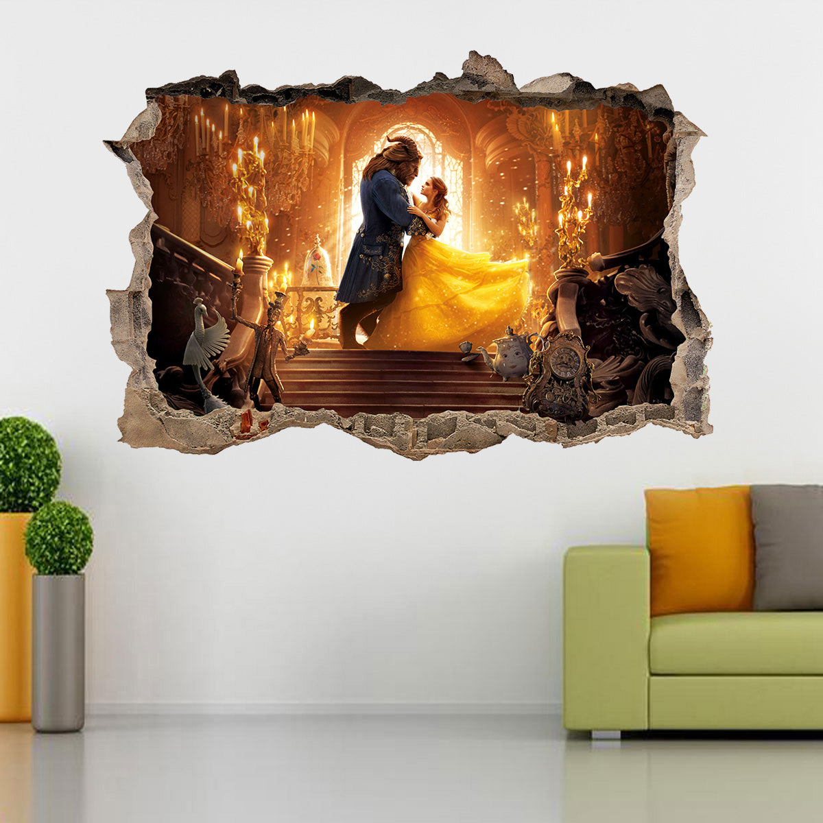 Beauty And The Beast Disney 3D Smashed Bricks Broken Wall Illusion Decal Wall Sticker J34