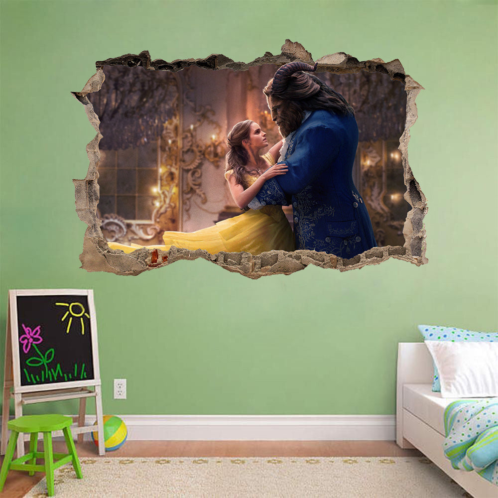 Beauty And The Beast Disney 3D Smashed Bricks Broken Wall Illusion Decal Wall Sticker J35