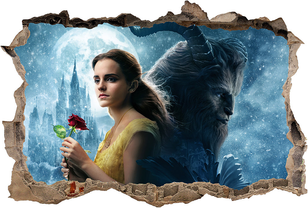 Beauty And The Beast Disney 3D Smashed Bricks Broken Wall Illusion Decal Wall Sticker J36