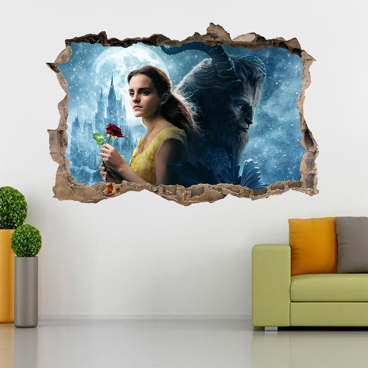 Beauty And The Beast Disney 3D Smashed Bricks Broken Wall Illusion Decal Wall Sticker J36