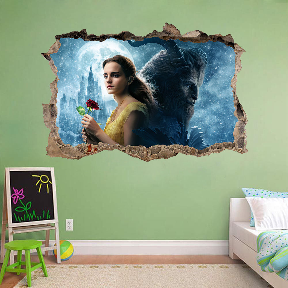 Beauty And The Beast Disney 3D Smashed Bricks Broken Wall Illusion Decal Wall Sticker J36