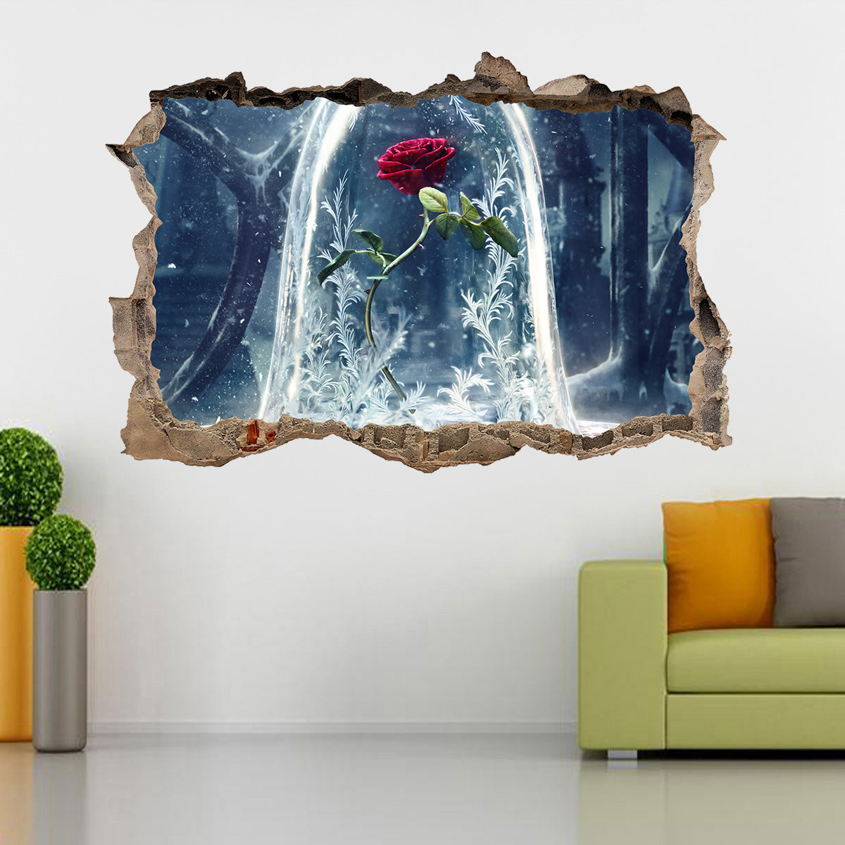 Beauty And The Beast Rose Disney 3D Smashed Bricks Broken Wall Illusion Decal Wall Sticker J37