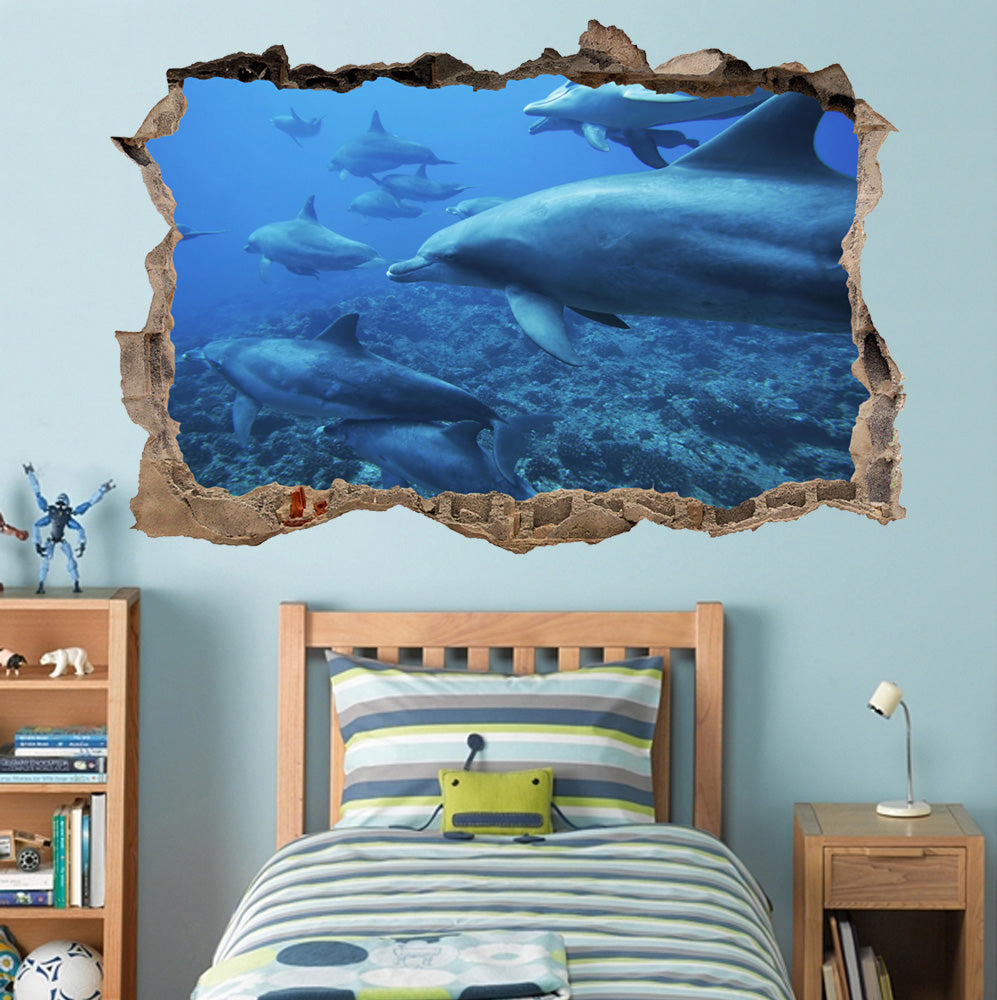 Dolphins Ocean Life 3D Smashed Broken Decal Wall Sticker J383